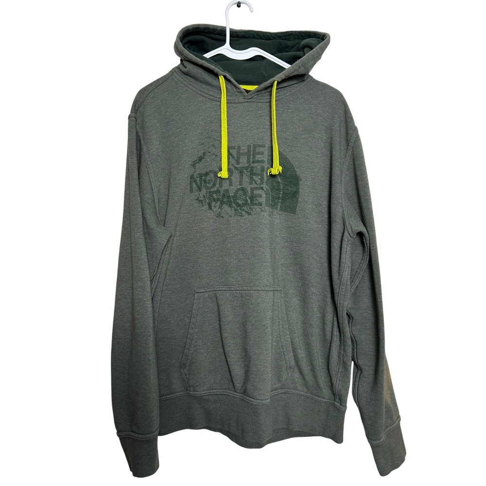 The North Face Mens Large Olive Green Graphic Logo Hoodie Neon Yellow Drawstring